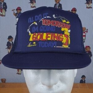 Vintage 80s foam mesh trucker funny golf graphic blue & yellow snapback hat